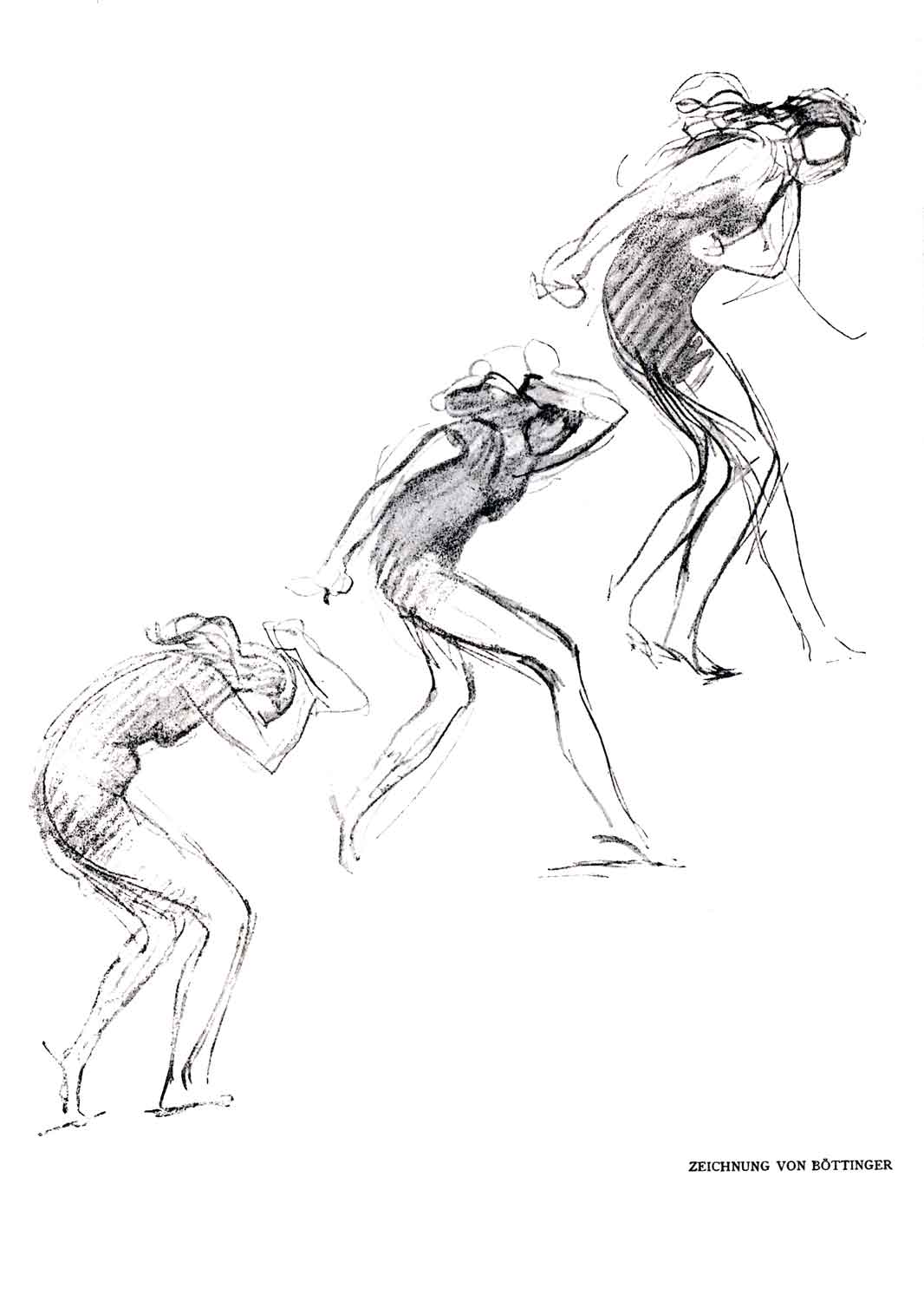 Zeichnung, schwarz-weiß: drei Figuren in tanzender Bewegung