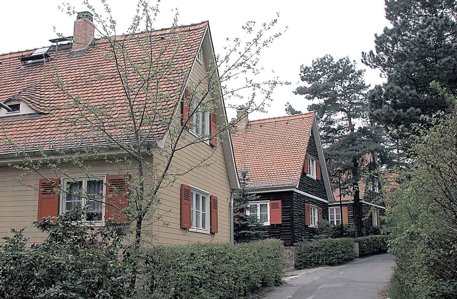 Foto, farbig: Drei Einfamilienhäuser mit Satteldach an einem schmalen asphaltierten Weg