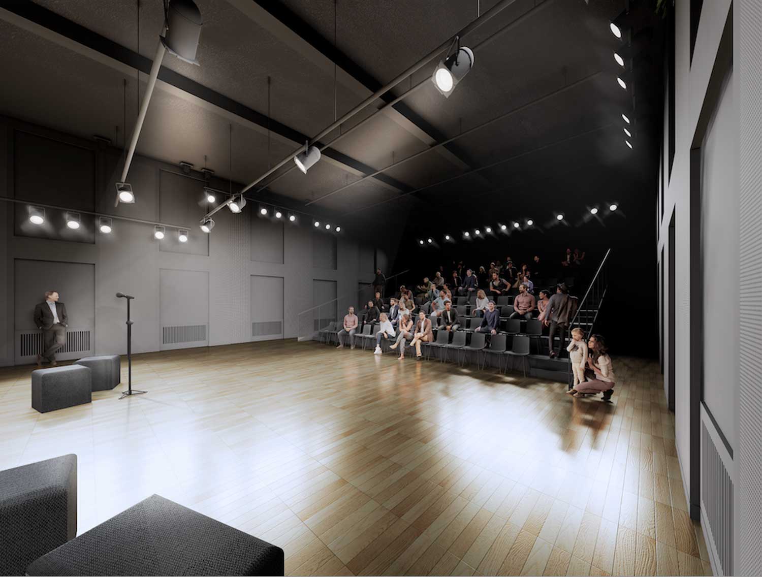 Modellentwurf, farbig, innen: Großer hoher fensterloser Raum mit schwarzen Wänden, schwarzer Decke und Holzfußboden.