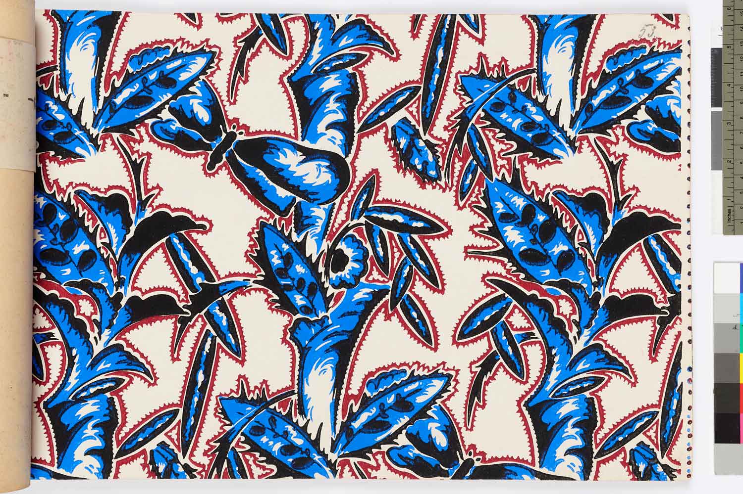 Foto, farbig: Kelchförmige, blaue Blüten mit roten Konturen und schwarzen Schatten auf weißem Grund.