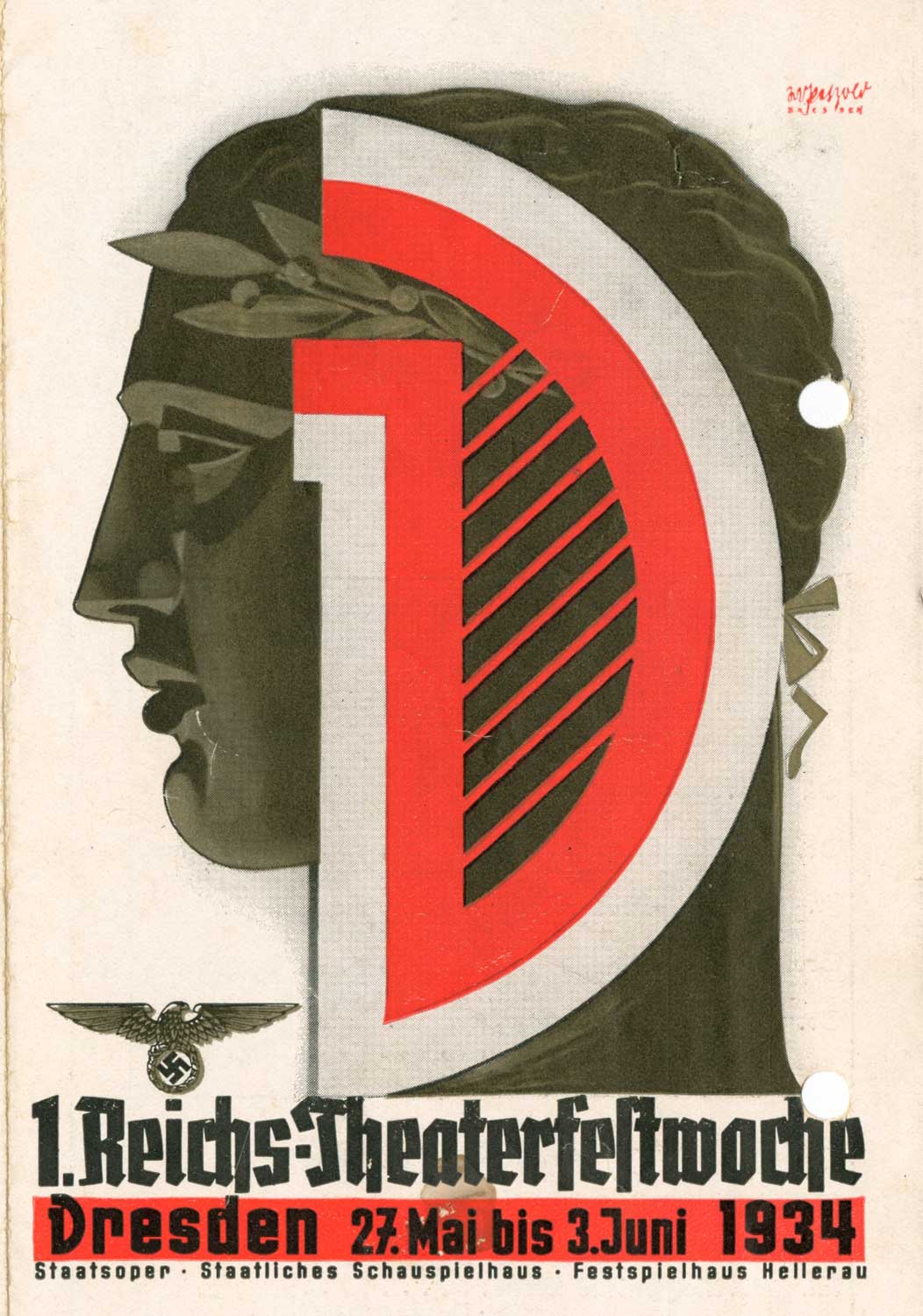 Druckgrafik in schwarz-weiß-rot mit Frauenkopf im Profil und darübergelegtem "D"